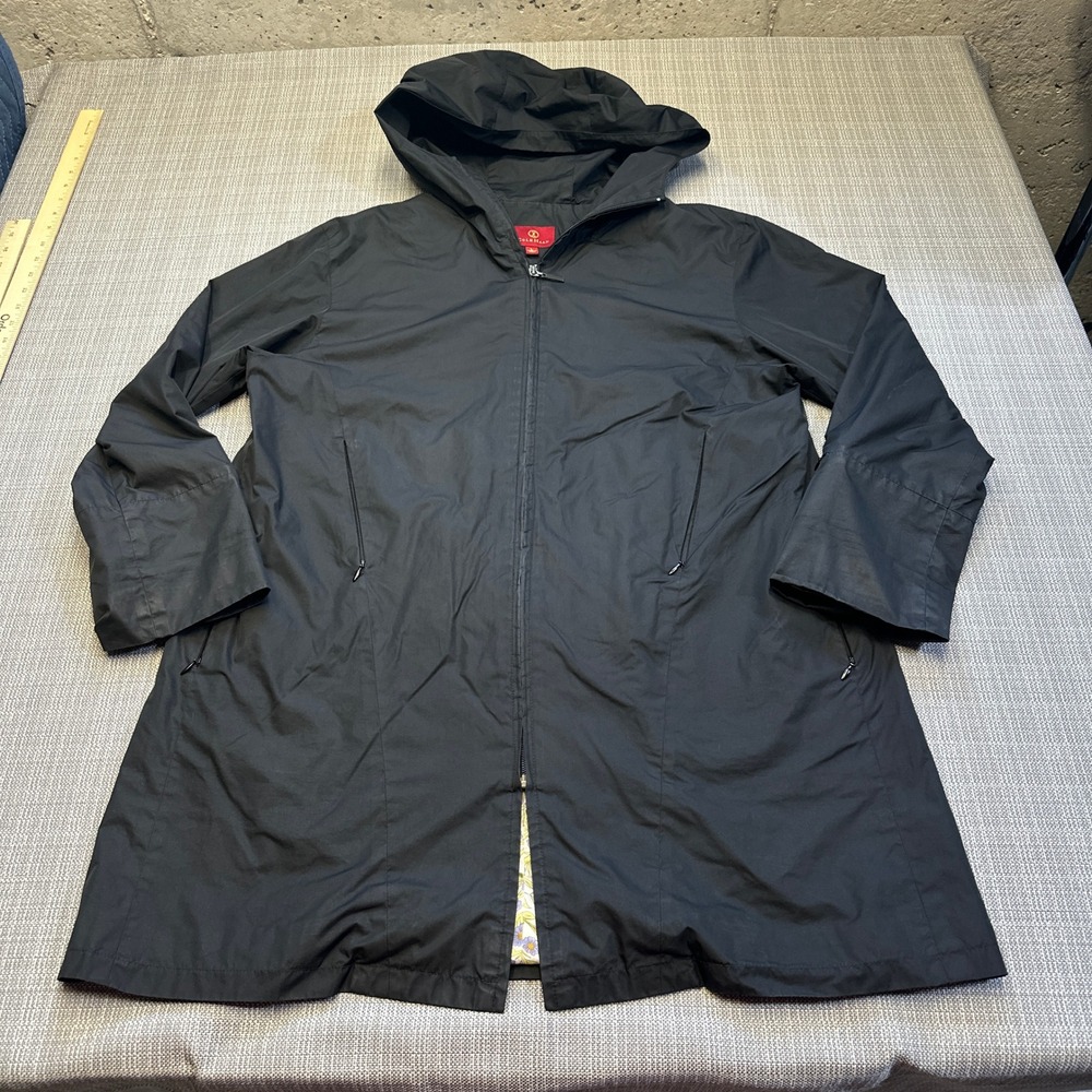 Cole Haan Hooded Rain Jacket Womans Large Floral Lining Full Zip Coat Black